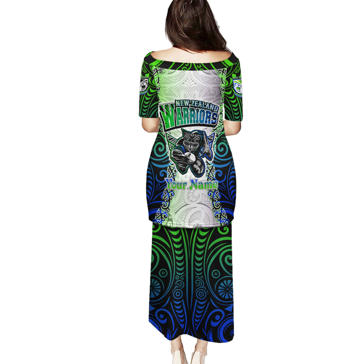 Personalised New Zealand Warriors Puletasi Maori Silver Fern Green DT02 - Polynesian Pride