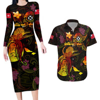 Wallis and Futuna Couples Matching Long Sleeve Bodycon Dress and Hawaiian Shirt Octopus Plumeria Polynesian Tattoo DT02 Black - Polynesian Pride