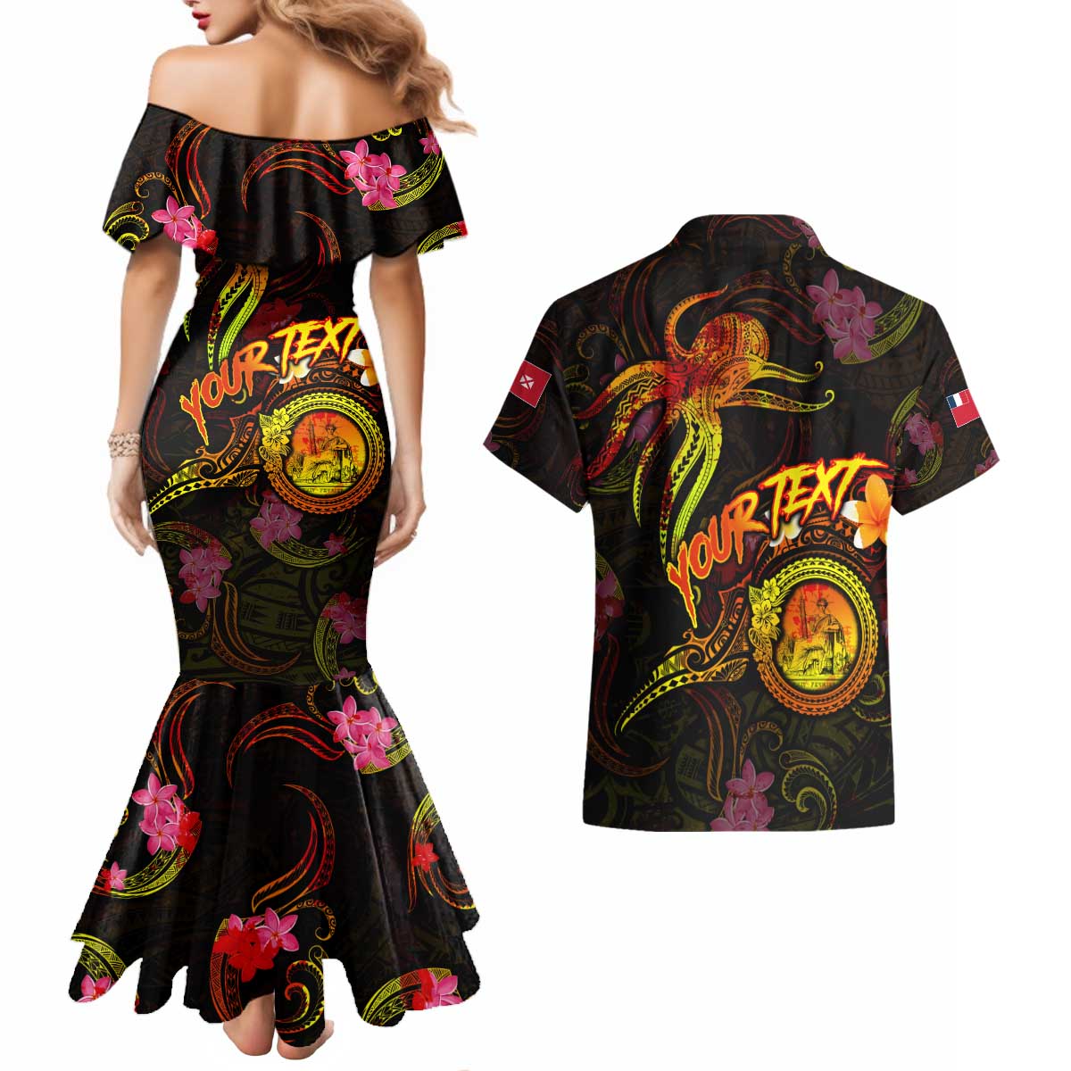 Wallis and Futuna Couples Matching Mermaid Dress and Hawaiian Shirt Octopus Plumeria Polynesian Tattoo DT02 - Polynesian Pride
