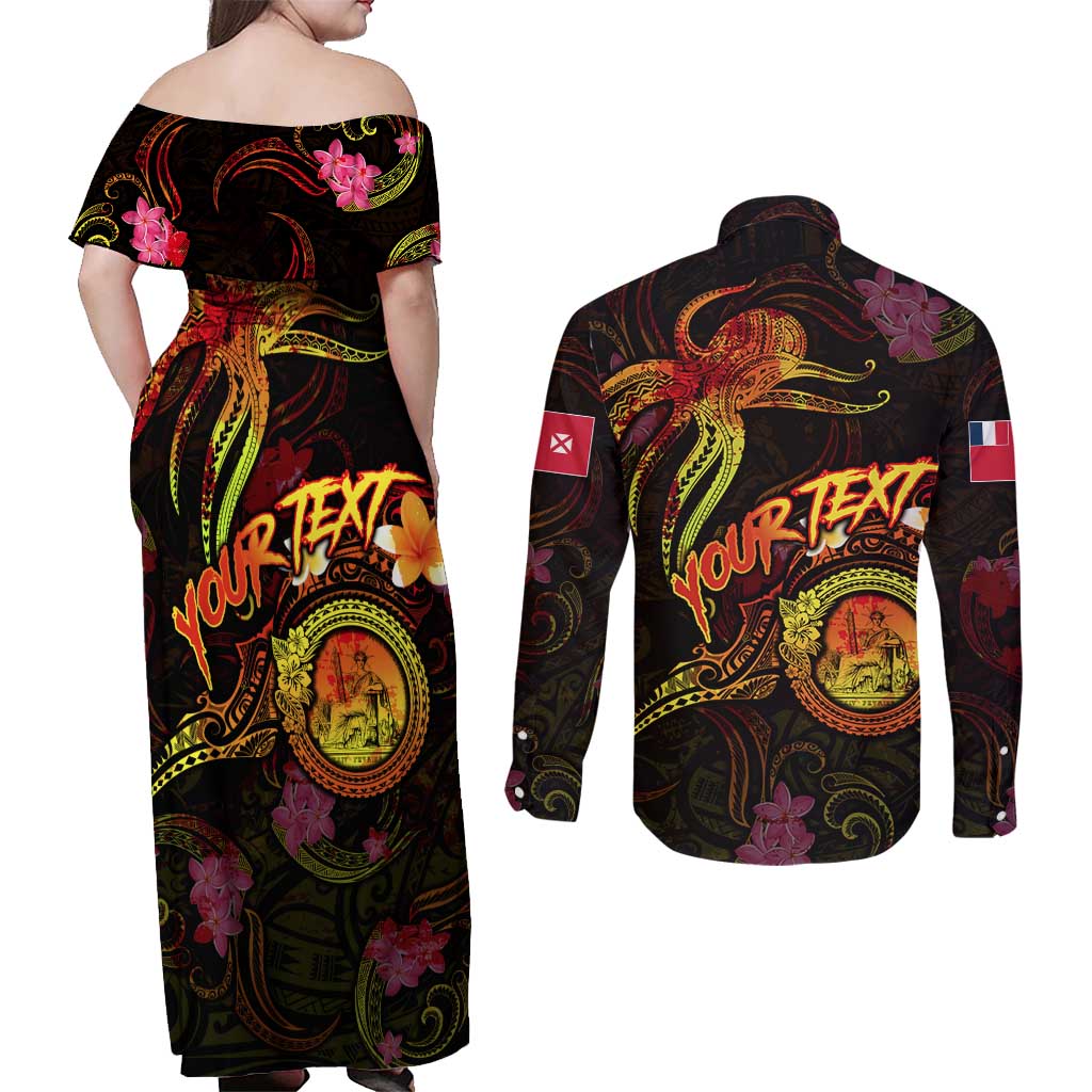 Wallis and Futuna Couples Matching Off Shoulder Maxi Dress and Long Sleeve Button Shirt Octopus Plumeria Polynesian Tattoo