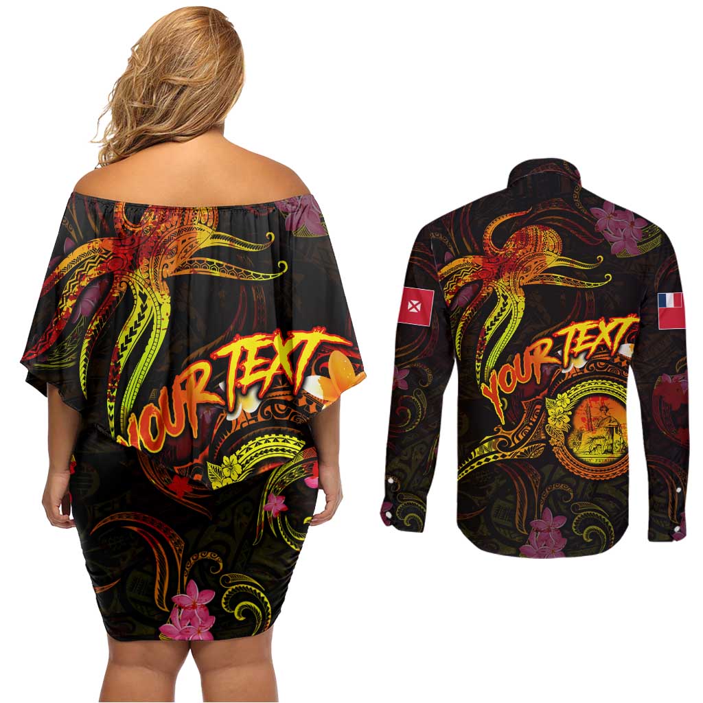 Wallis and Futuna Couples Matching Off Shoulder Short Dress and Long Sleeve Button Shirt Octopus Plumeria Polynesian Tattoo