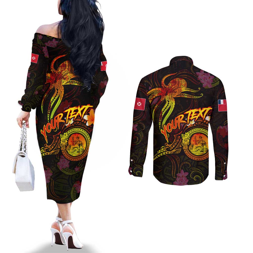 Wallis and Futuna Couples Matching Off The Shoulder Long Sleeve Dress and Long Sleeve Button Shirt Octopus Plumeria Polynesian Tattoo