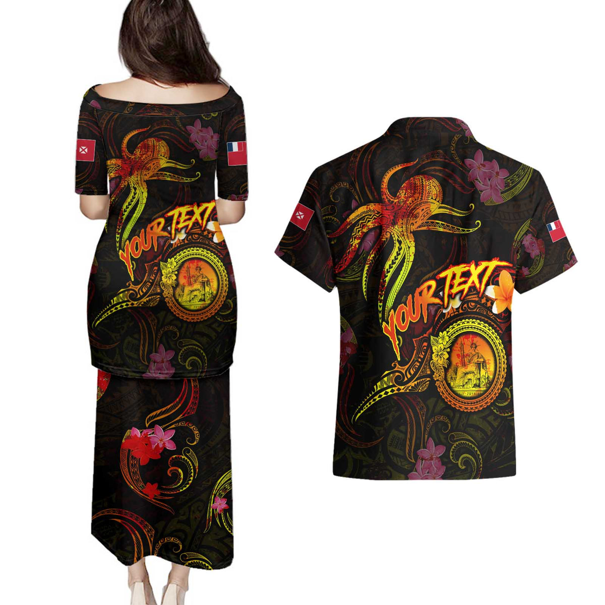 Wallis and Futuna Couples Matching Puletasi and Hawaiian Shirt Octopus Plumeria Polynesian Tattoo