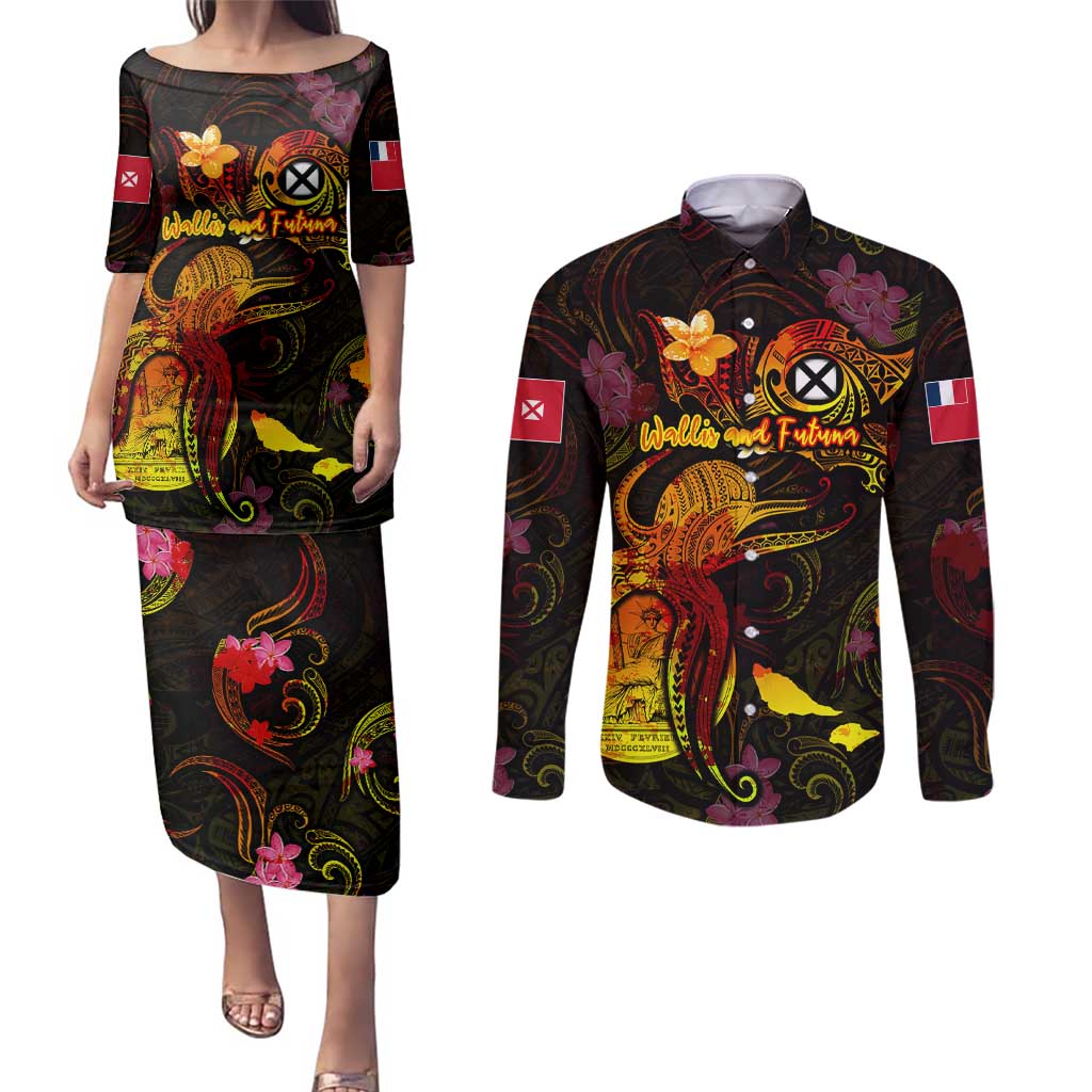 Wallis and Futuna Couples Matching Puletasi and Long Sleeve Button Shirt Octopus Plumeria Polynesian Tattoo