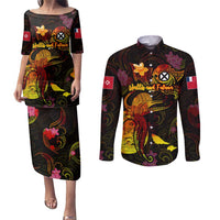 Wallis and Futuna Couples Matching Puletasi and Long Sleeve Button Shirt Octopus Plumeria Polynesian Tattoo