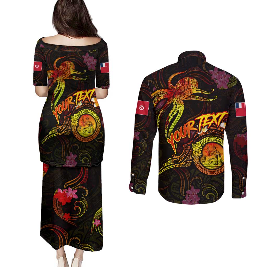 Wallis and Futuna Couples Matching Puletasi and Long Sleeve Button Shirt Octopus Plumeria Polynesian Tattoo