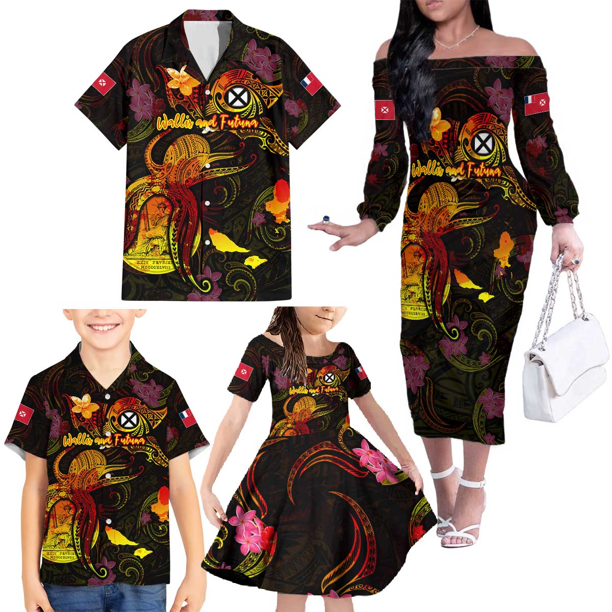 Wallis and Futuna Family Matching Off The Shoulder Long Sleeve Dress and Hawaiian Shirt Octopus Plumeria Polynesian Tattoo DT02 - Polynesian Pride