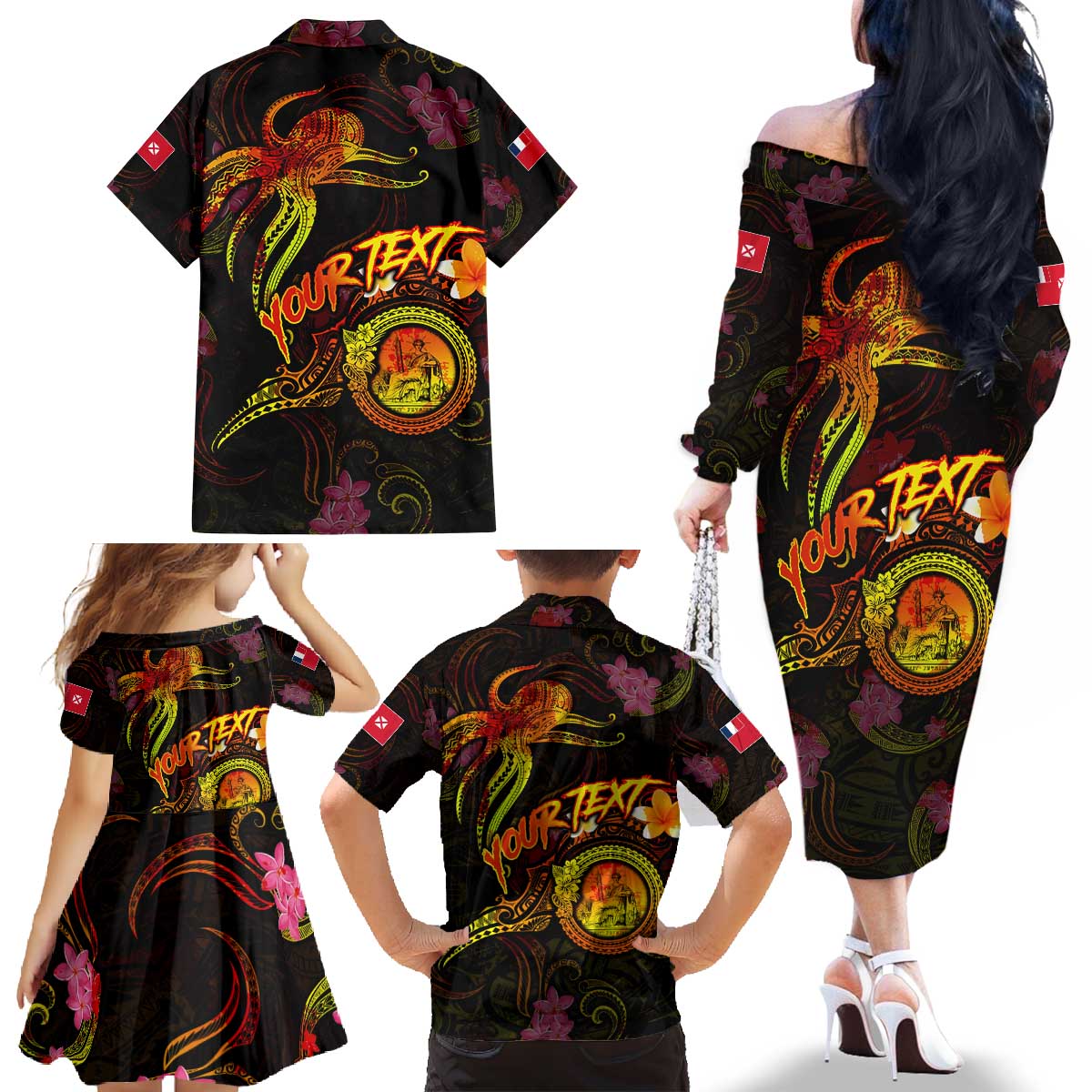 Wallis and Futuna Family Matching Off The Shoulder Long Sleeve Dress and Hawaiian Shirt Octopus Plumeria Polynesian Tattoo DT02 - Polynesian Pride