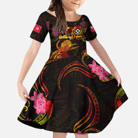 Wallis and Futuna Family Matching Off Shoulder Maxi Dress and Hawaiian Shirt Octopus Plumeria Polynesian Tattoo DT02 Daughter's Dress Black - Polynesian Pride