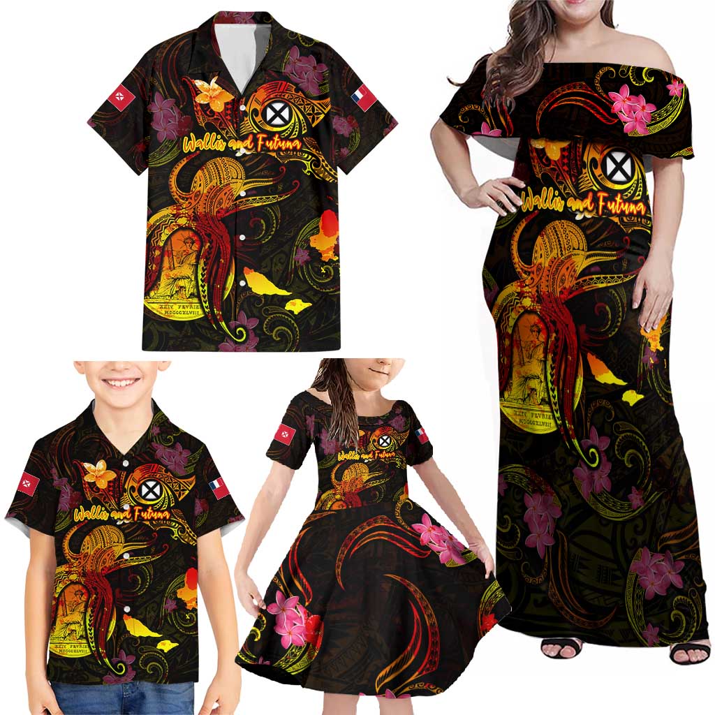 Wallis and Futuna Family Matching Off Shoulder Maxi Dress and Hawaiian Shirt Octopus Plumeria Polynesian Tattoo DT02 - Polynesian Pride