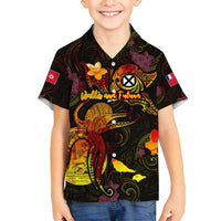 Wallis and Futuna Family Matching Off Shoulder Maxi Dress and Hawaiian Shirt Octopus Plumeria Polynesian Tattoo DT02 Son's Shirt Black - Polynesian Pride