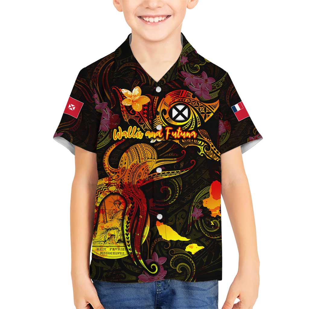 Wallis and Futuna Family Matching Off Shoulder Short Dress and Hawaiian Shirt Octopus Plumeria Polynesian Tattoo DT02 Son's Shirt Black - Polynesian Pride