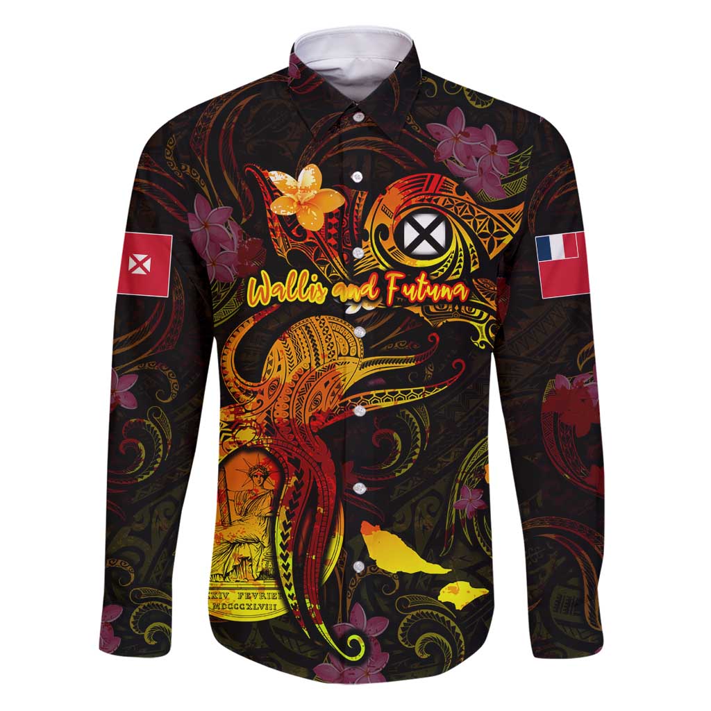 Wallis and Futuna Family Matching Puletasi and Hawaiian Shirt Octopus Plumeria Polynesian Tattoo DT02 Dad's Shirt - Long Sleeve Black - Polynesian Pride