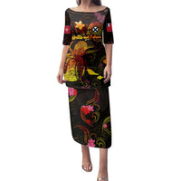 Wallis and Futuna Family Matching Puletasi and Hawaiian Shirt Octopus Plumeria Polynesian Tattoo DT02 Mom's Dress Black - Polynesian Pride