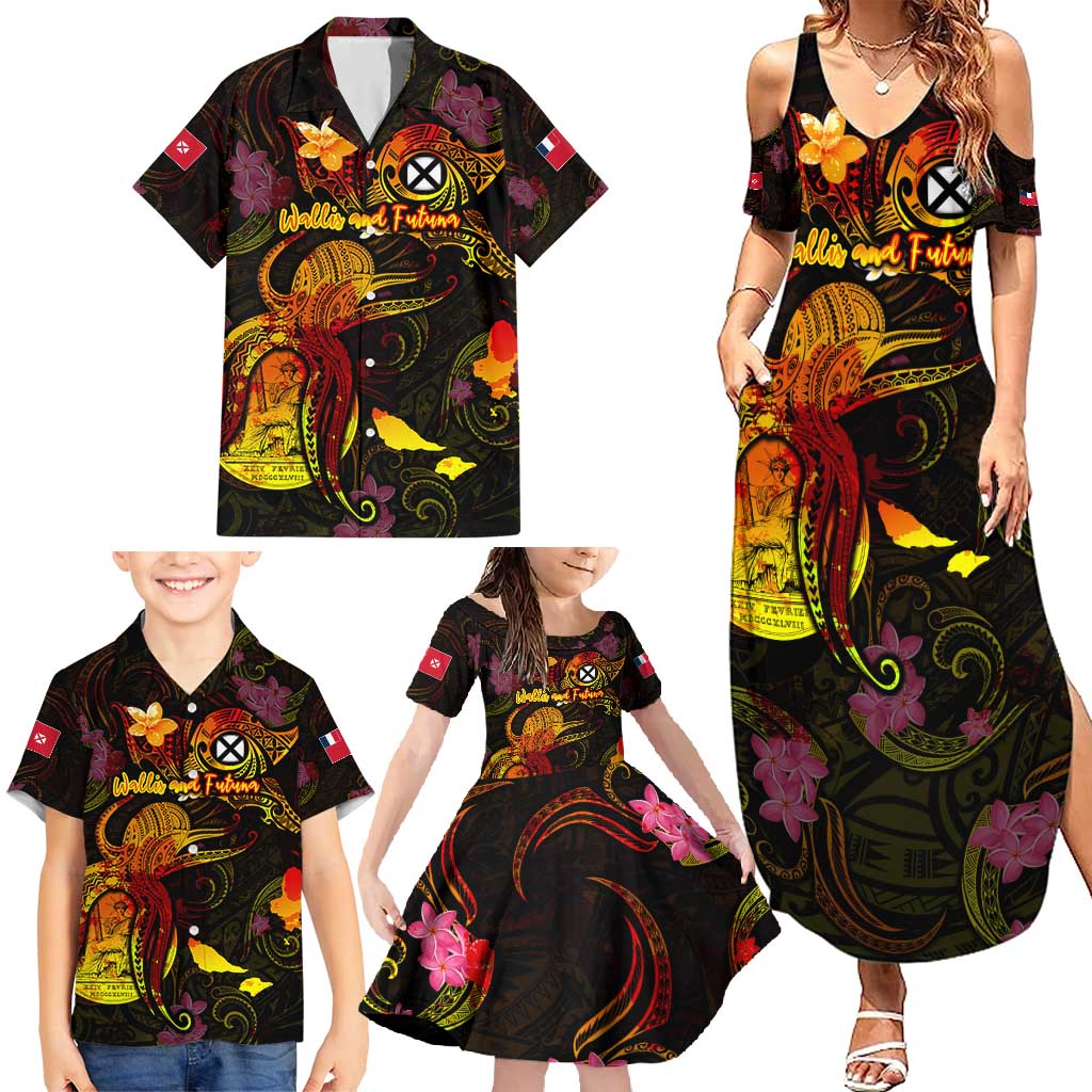Wallis and Futuna Family Matching Summer Maxi Dress and Hawaiian Shirt Octopus Plumeria Polynesian Tattoo
