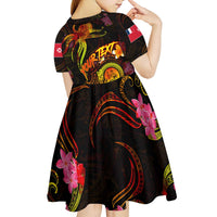 Wallis and Futuna Kid Short Sleeve Dress Octopus Plumeria Polynesian Tattoo