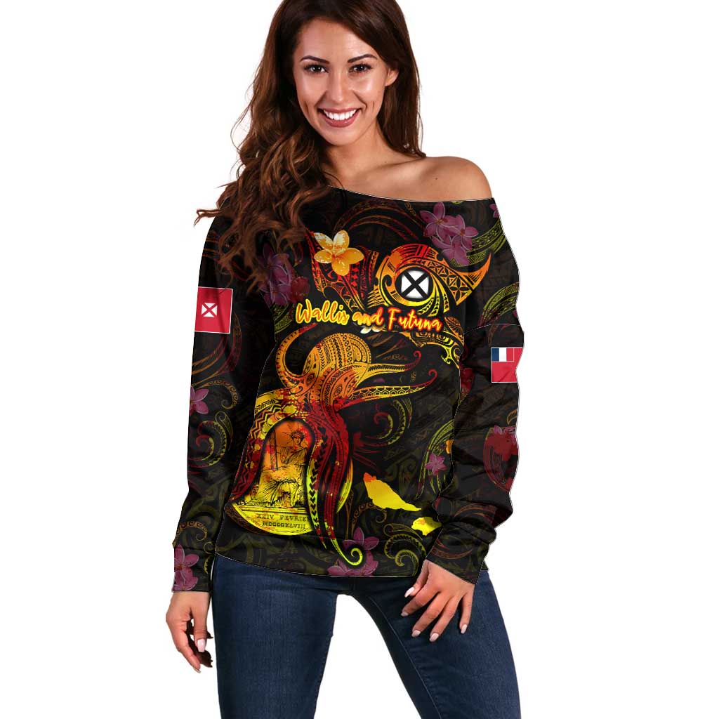 Wallis and Futuna Off Shoulder Sweater Octopus Plumeria Polynesian Tattoo
