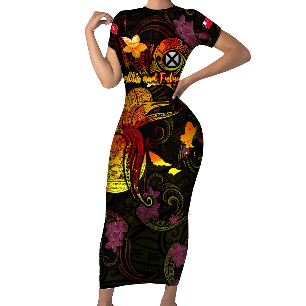 Wallis and Futuna Short Sleeve Bodycon Dress Octopus Plumeria Polynesian Tattoo