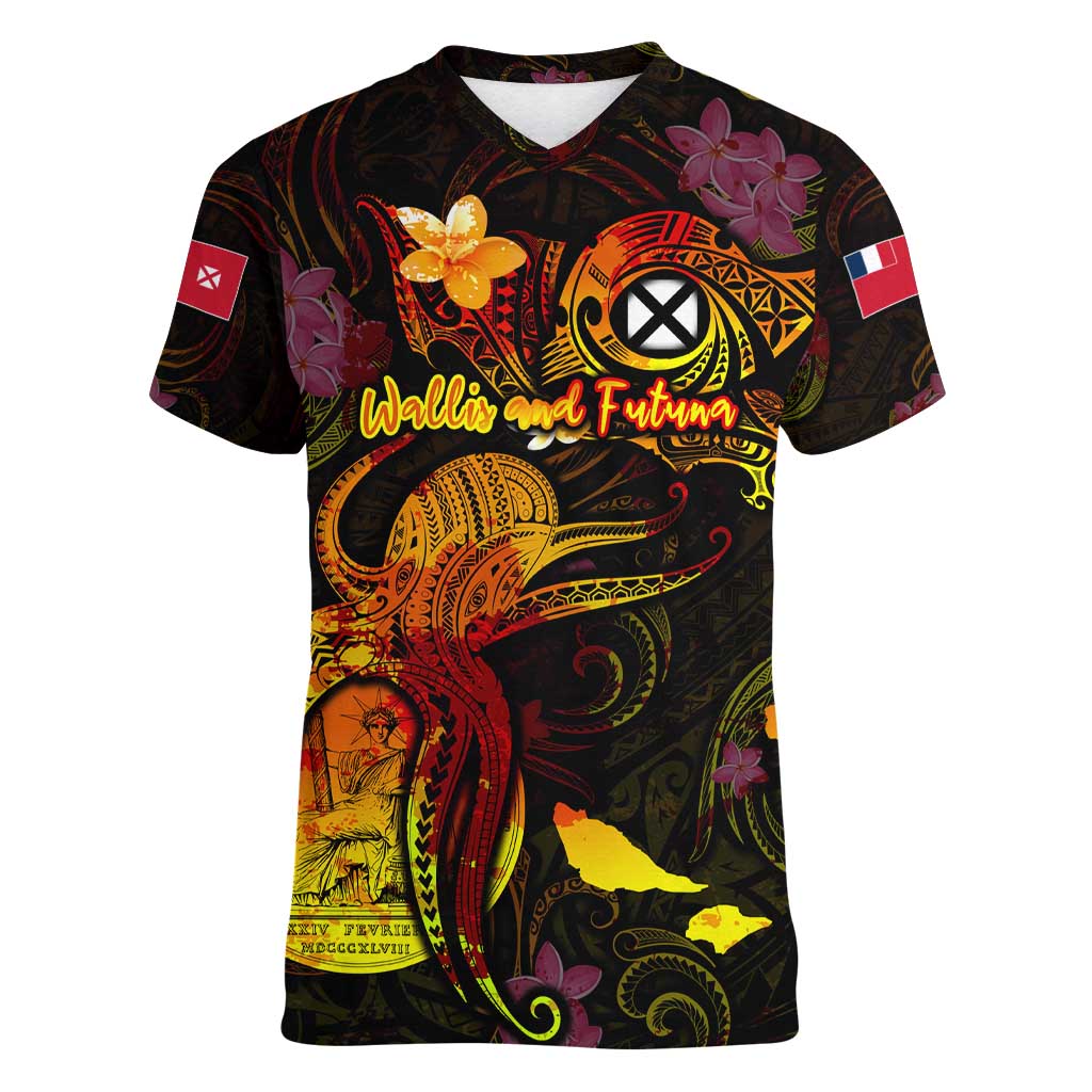 Wallis and Futuna Women V-Neck T-Shirt Octopus Plumeria Polynesian Tattoo