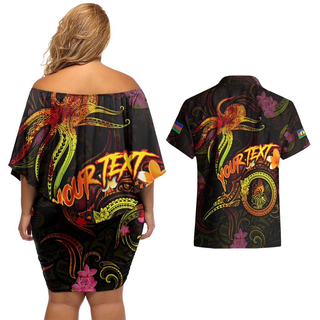 New Caledonia Couples Matching Off Shoulder Short Dress and Hawaiian Shirt Octopus Plumeria Polynesian Tattoo