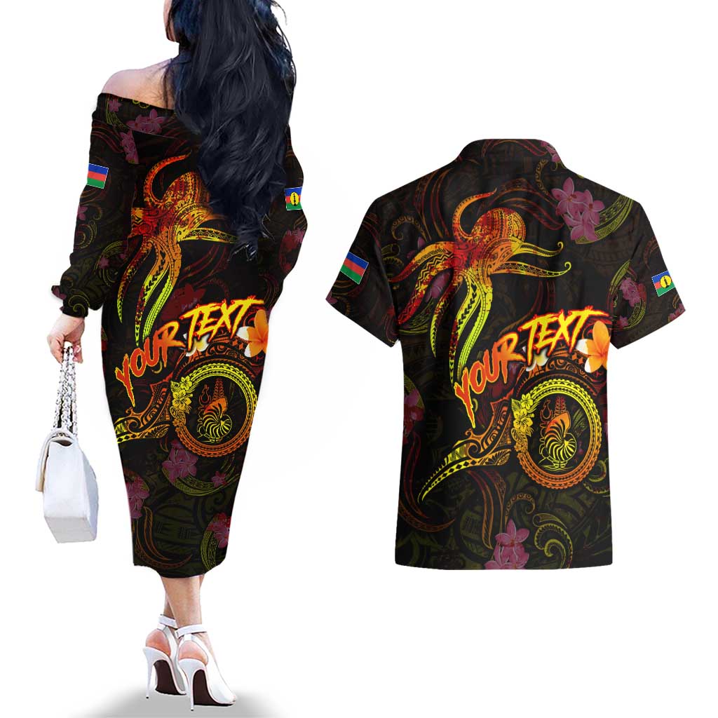 New Caledonia Couples Matching Off The Shoulder Long Sleeve Dress and Hawaiian Shirt Octopus Plumeria Polynesian Tattoo DT02 - Polynesian Pride