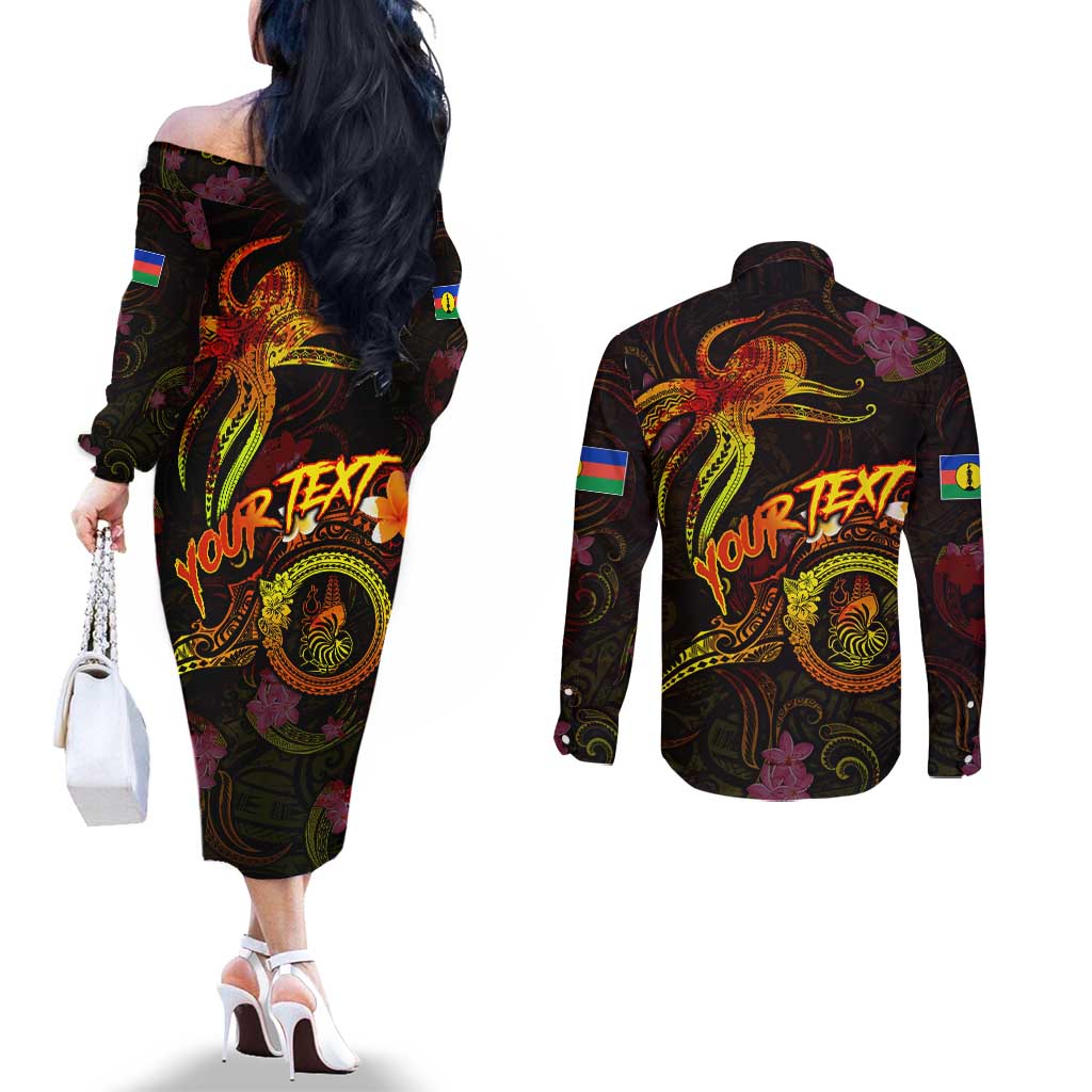 New Caledonia Couples Matching Off The Shoulder Long Sleeve Dress and Long Sleeve Button Shirt Octopus Plumeria Polynesian Tattoo