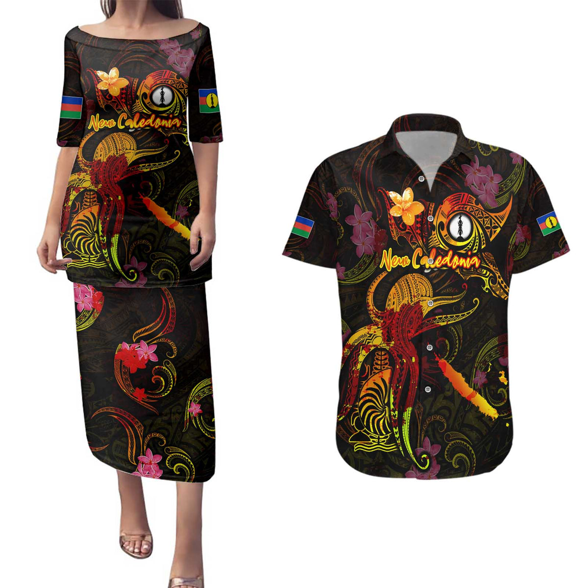 New Caledonia Couples Matching Puletasi and Hawaiian Shirt Octopus Plumeria Polynesian Tattoo