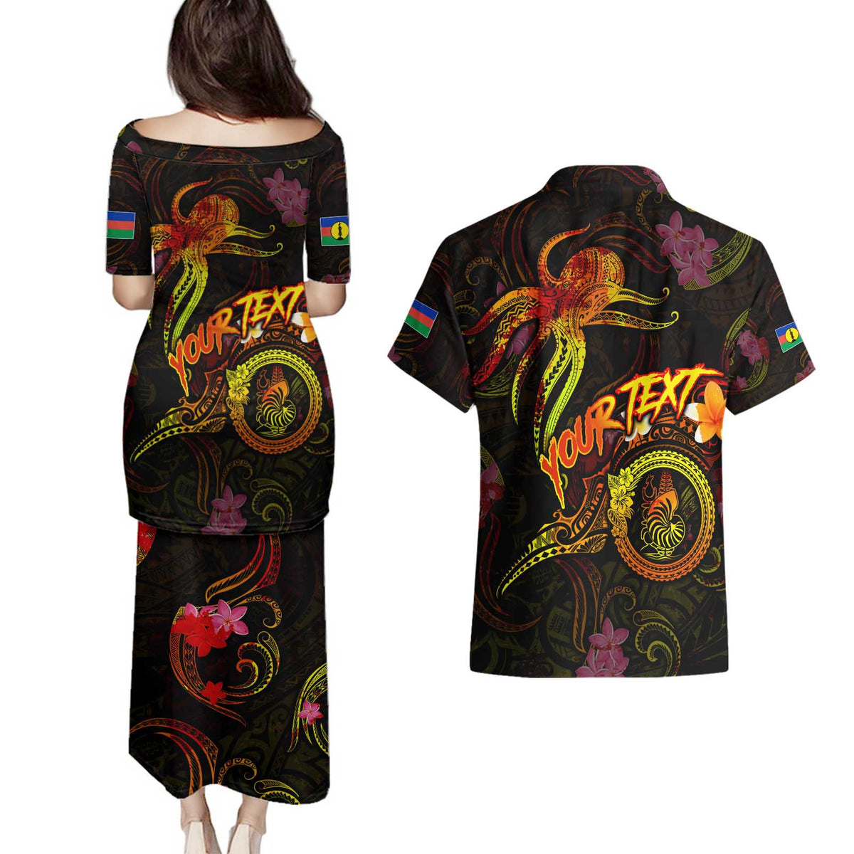 New Caledonia Couples Matching Puletasi and Hawaiian Shirt Octopus Plumeria Polynesian Tattoo