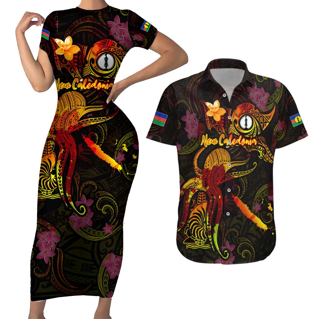New Caledonia Couples Matching Short Sleeve Bodycon Dress and Hawaiian Shirt Octopus Plumeria Polynesian Tattoo DT02 Black - Polynesian Pride