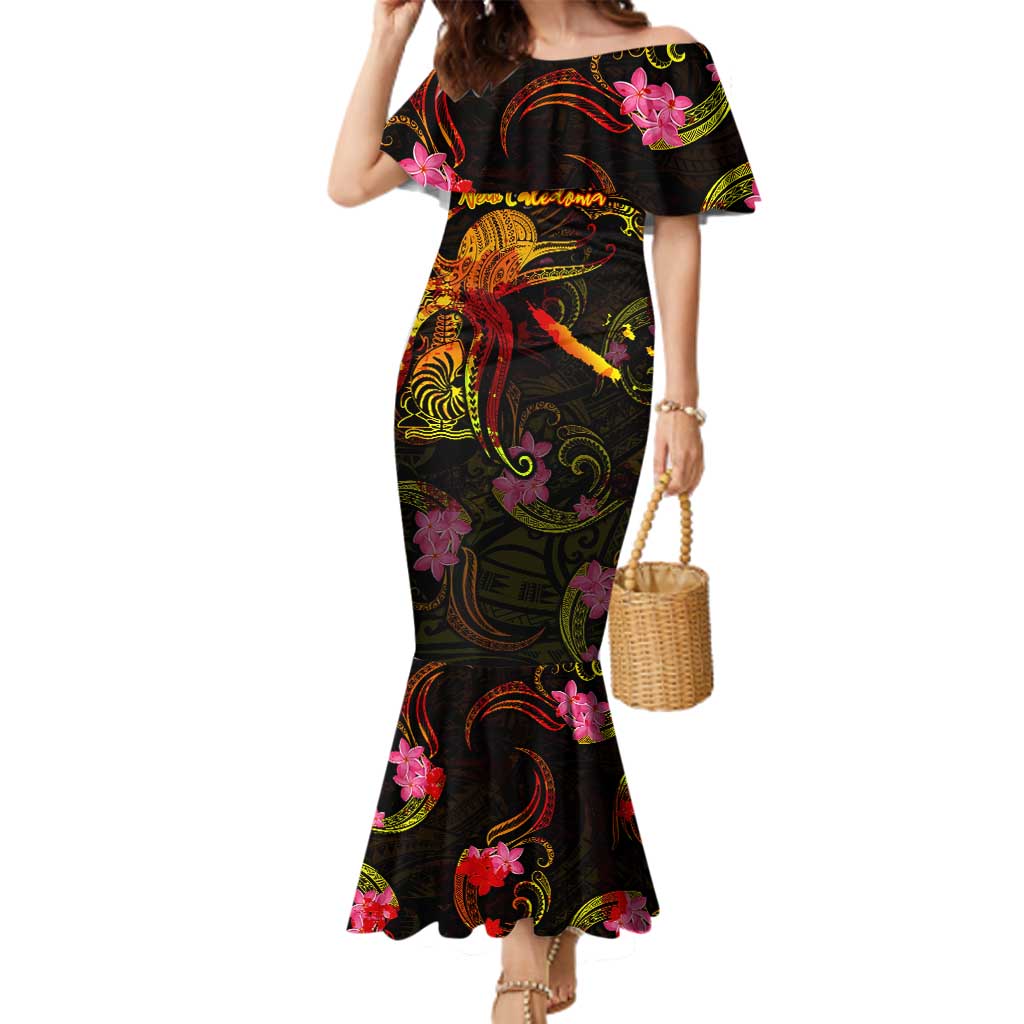 New Caledonia Family Matching Mermaid Dress and Hawaiian Shirt Octopus Plumeria Polynesian Tattoo DT02 Mom's Dress Black - Polynesian Pride