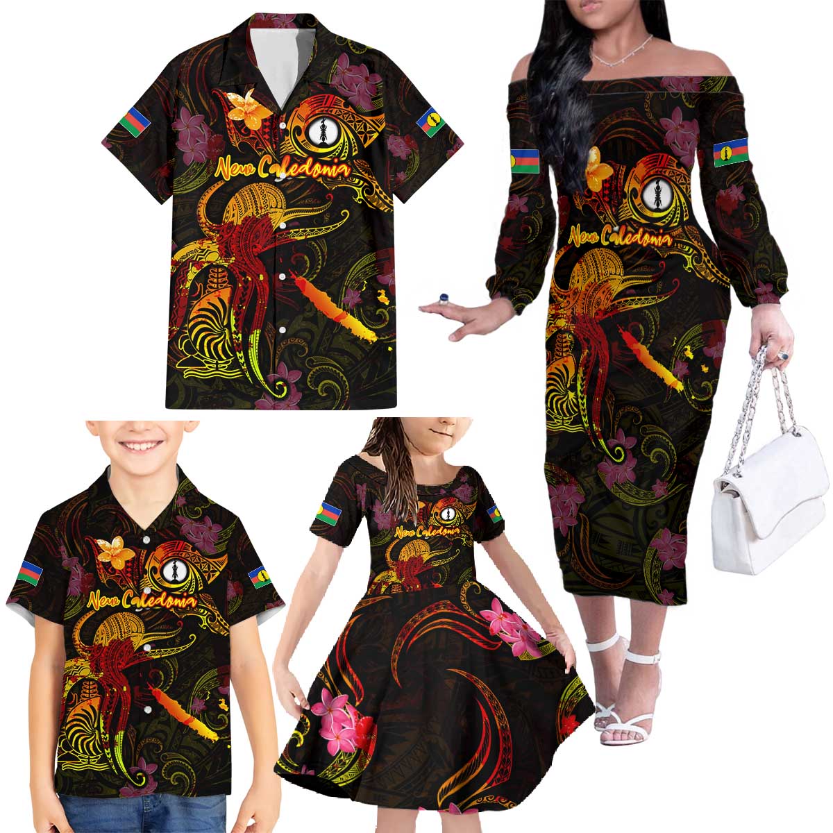 New Caledonia Family Matching Off The Shoulder Long Sleeve Dress and Hawaiian Shirt Octopus Plumeria Polynesian Tattoo DT02 - Polynesian Pride