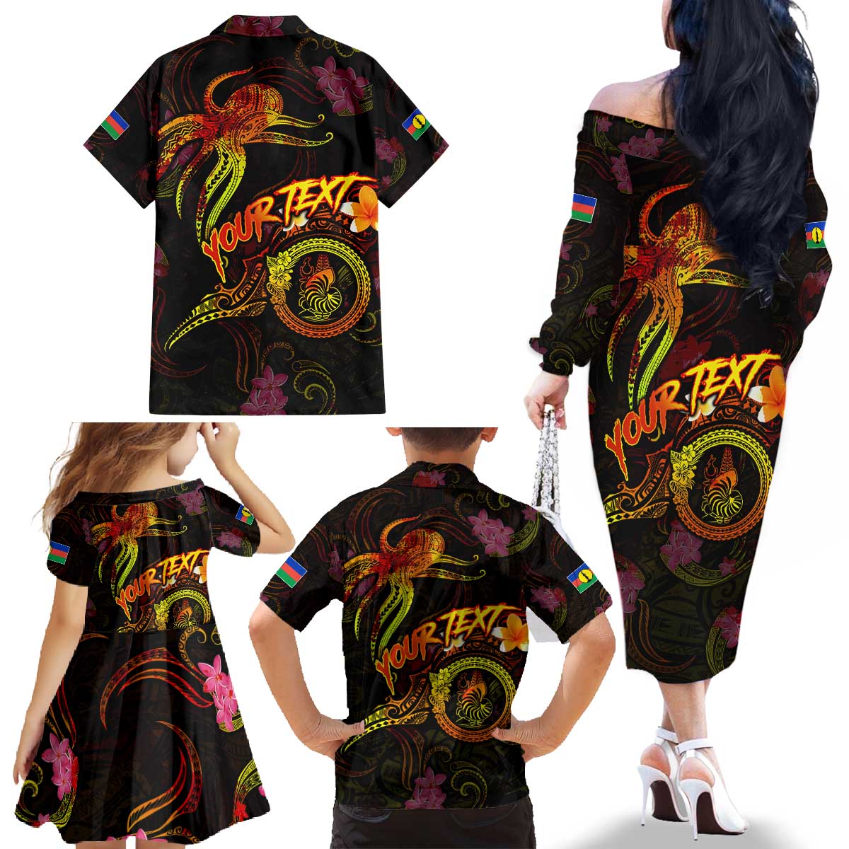 New Caledonia Family Matching Off The Shoulder Long Sleeve Dress and Hawaiian Shirt Octopus Plumeria Polynesian Tattoo DT02 - Polynesian Pride