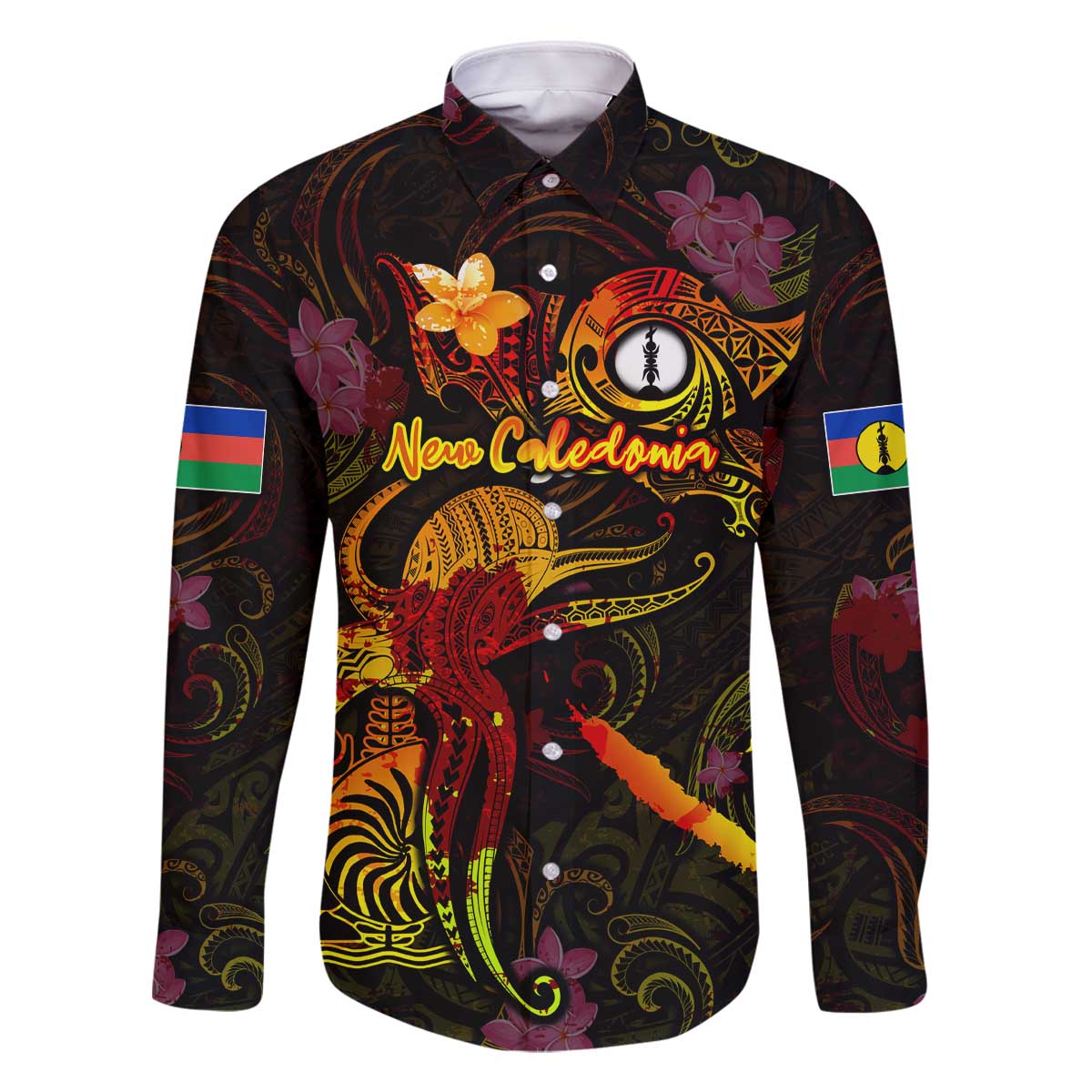 New Caledonia Family Matching Off The Shoulder Long Sleeve Dress and Hawaiian Shirt Octopus Plumeria Polynesian Tattoo DT02 Dad's Shirt - Long Sleeve Black - Polynesian Pride