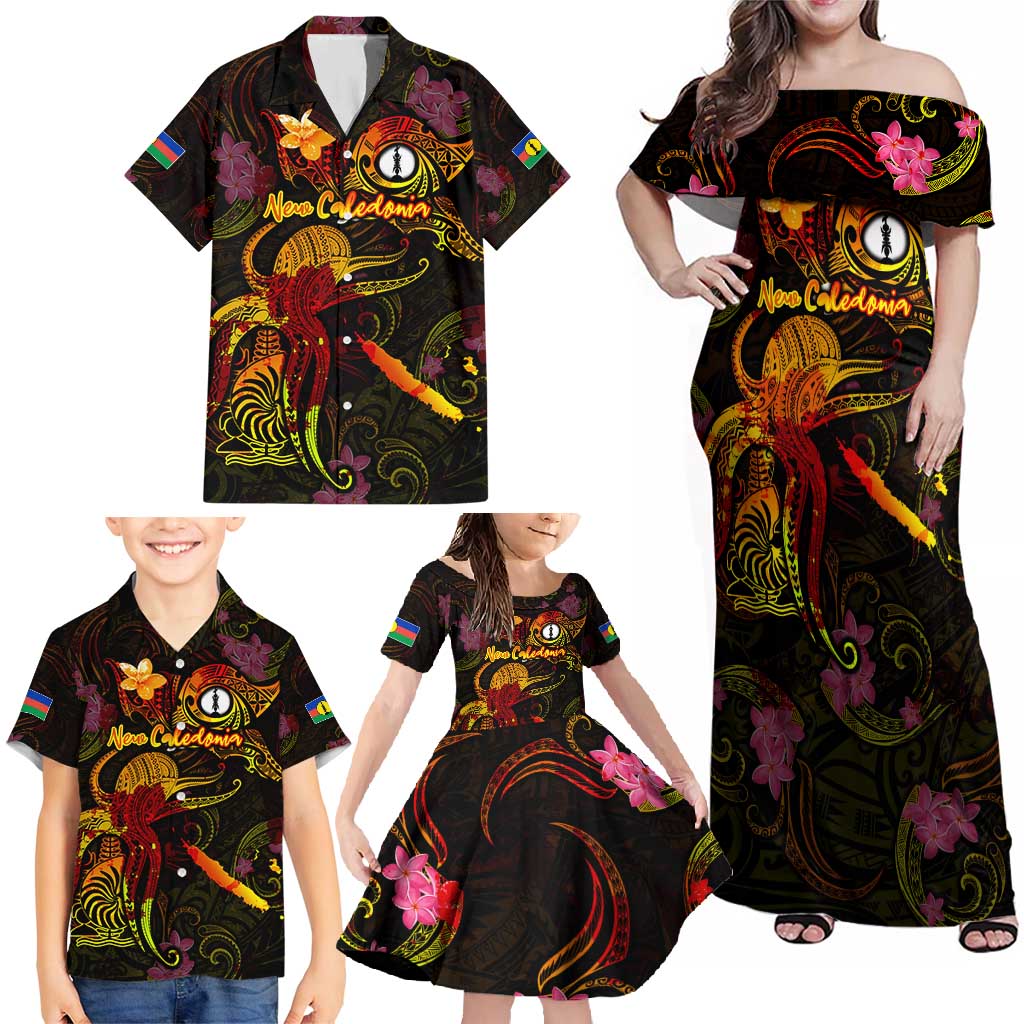 New Caledonia Family Matching Off Shoulder Maxi Dress and Hawaiian Shirt Octopus Plumeria Polynesian Tattoo DT02 - Polynesian Pride