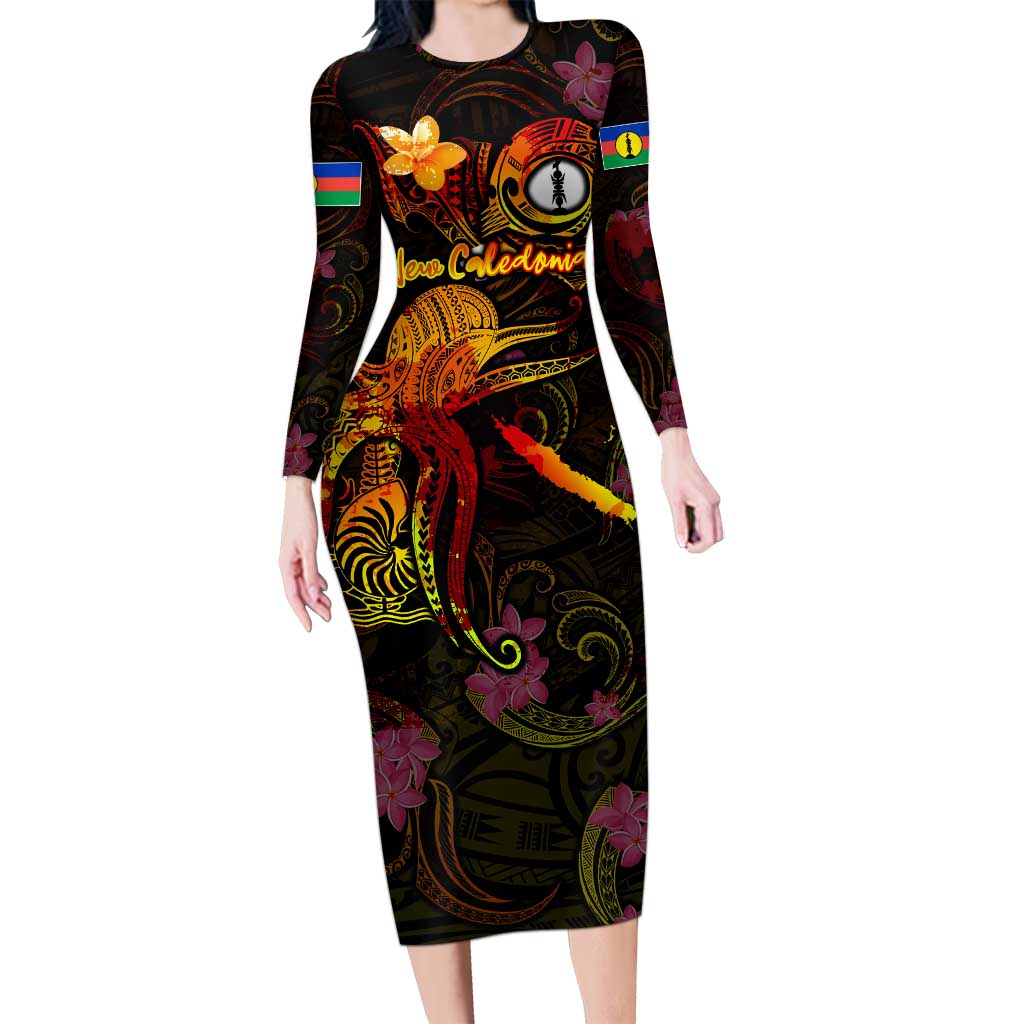 New Caledonia Long Sleeve Bodycon Dress Octopus Plumeria Polynesian Tattoo