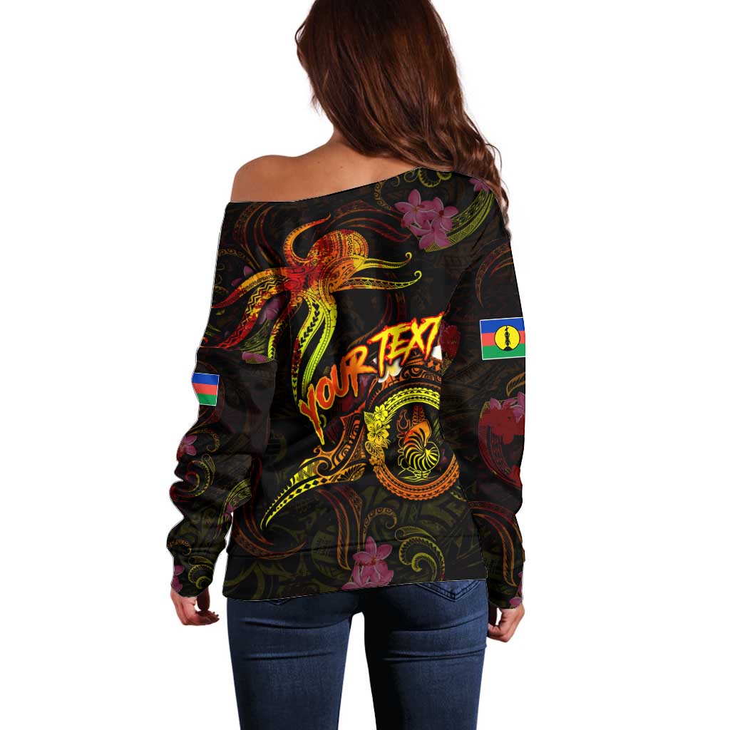 New Caledonia Off Shoulder Sweater Octopus Plumeria Polynesian Tattoo