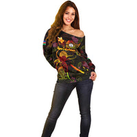New Caledonia Off Shoulder Sweater Octopus Plumeria Polynesian Tattoo