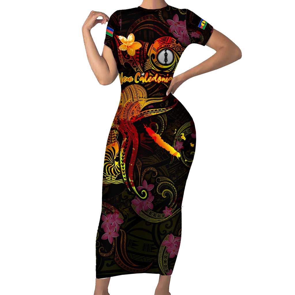 New Caledonia Short Sleeve Bodycon Dress Octopus Plumeria Polynesian Tattoo