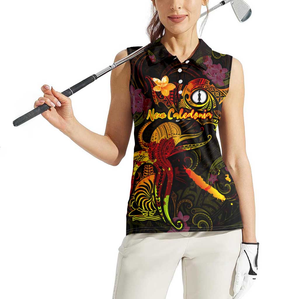 New Caledonia Women Sleeveless Polo Shirt Octopus Plumeria Polynesian Tattoo