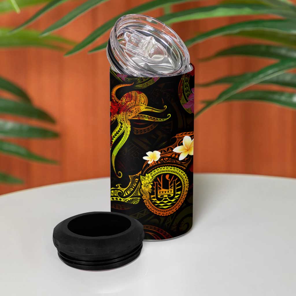 Tahiti French Polynesia 4 in 1 Can Cooler Tumbler Octopus Plumeria Polynesian Tattoo