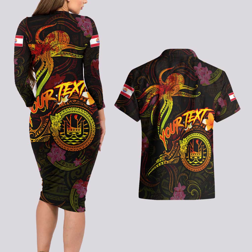 Tahiti French Polynesia Couples Matching Long Sleeve Bodycon Dress and Hawaiian Shirt Octopus Plumeria Polynesian Tattoo DT02 - Polynesian Pride