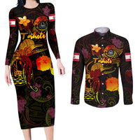 Tahiti French Polynesia Couples Matching Long Sleeve Bodycon Dress and Long Sleeve Button Shirt Octopus Plumeria Polynesian Tattoo DT02 Black - Polynesian Pride