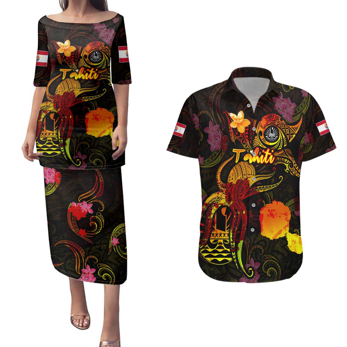 Tahiti French Polynesia Couples Matching Puletasi and Hawaiian Shirt Octopus Plumeria Polynesian Tattoo