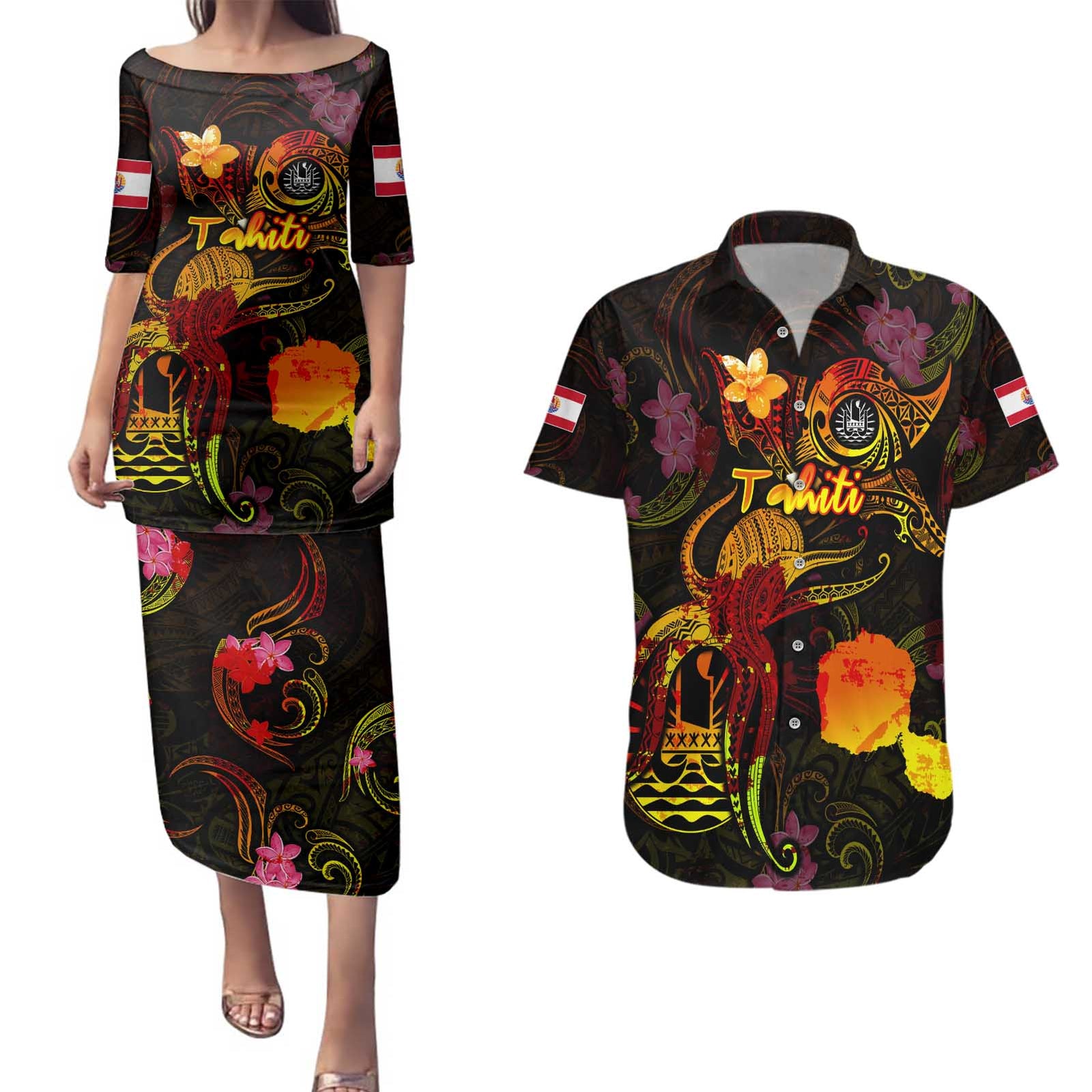 Tahiti French Polynesia Couples Matching Puletasi and Hawaiian Shirt Octopus Plumeria Polynesian Tattoo