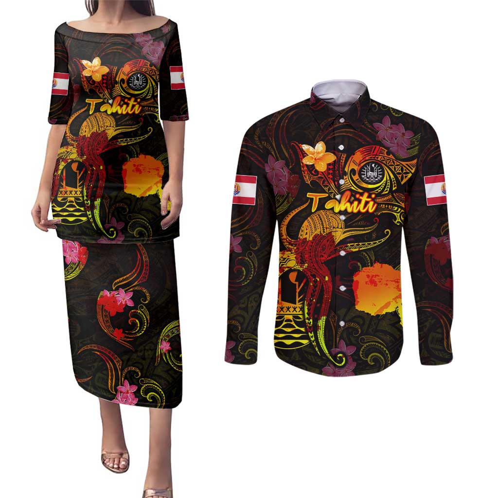 Tahiti French Polynesia Couples Matching Puletasi and Long Sleeve Button Shirt Octopus Plumeria Polynesian Tattoo