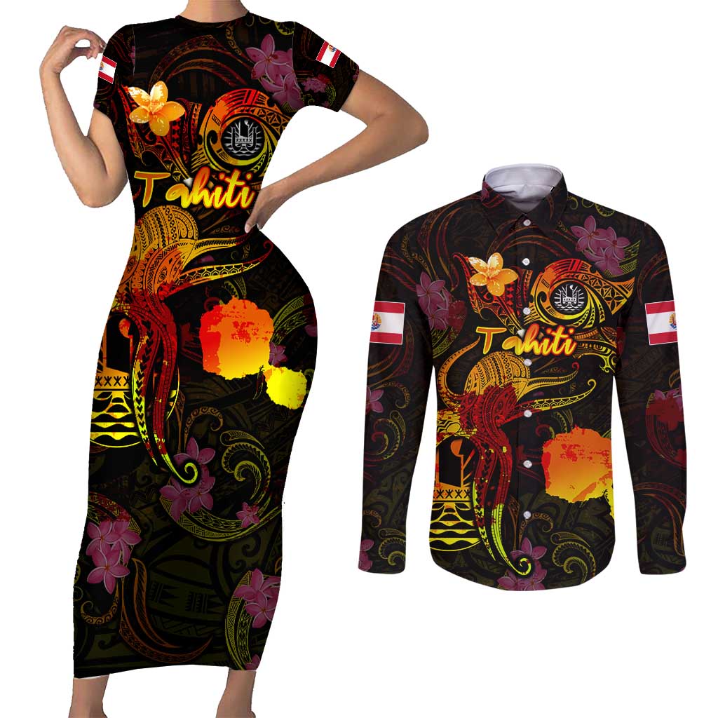 Tahiti French Polynesia Couples Matching Short Sleeve Bodycon Dress and Long Sleeve Button Shirt Octopus Plumeria Polynesian Tattoo DT02 Black - Polynesian Pride