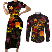 Tahiti French Polynesia Couples Matching Short Sleeve Bodycon Dress and Long Sleeve Button Shirt Octopus Plumeria Polynesian Tattoo DT02 Black - Polynesian Pride