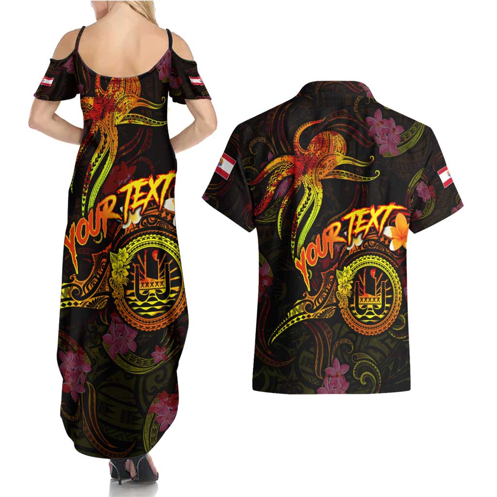 Tahiti French Polynesia Couples Matching Summer Maxi Dress and Hawaiian Shirt Octopus Plumeria Polynesian Tattoo