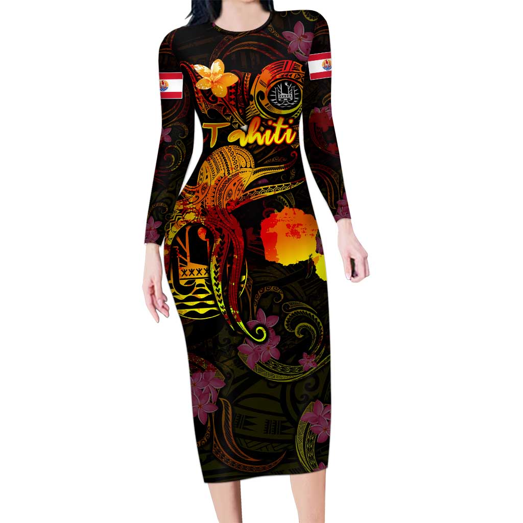 Tahiti French Polynesia Family Matching Long Sleeve Bodycon Dress and Hawaiian Shirt Octopus Plumeria Polynesian Tattoo DT02 Mom's Dress Black - Polynesian Pride
