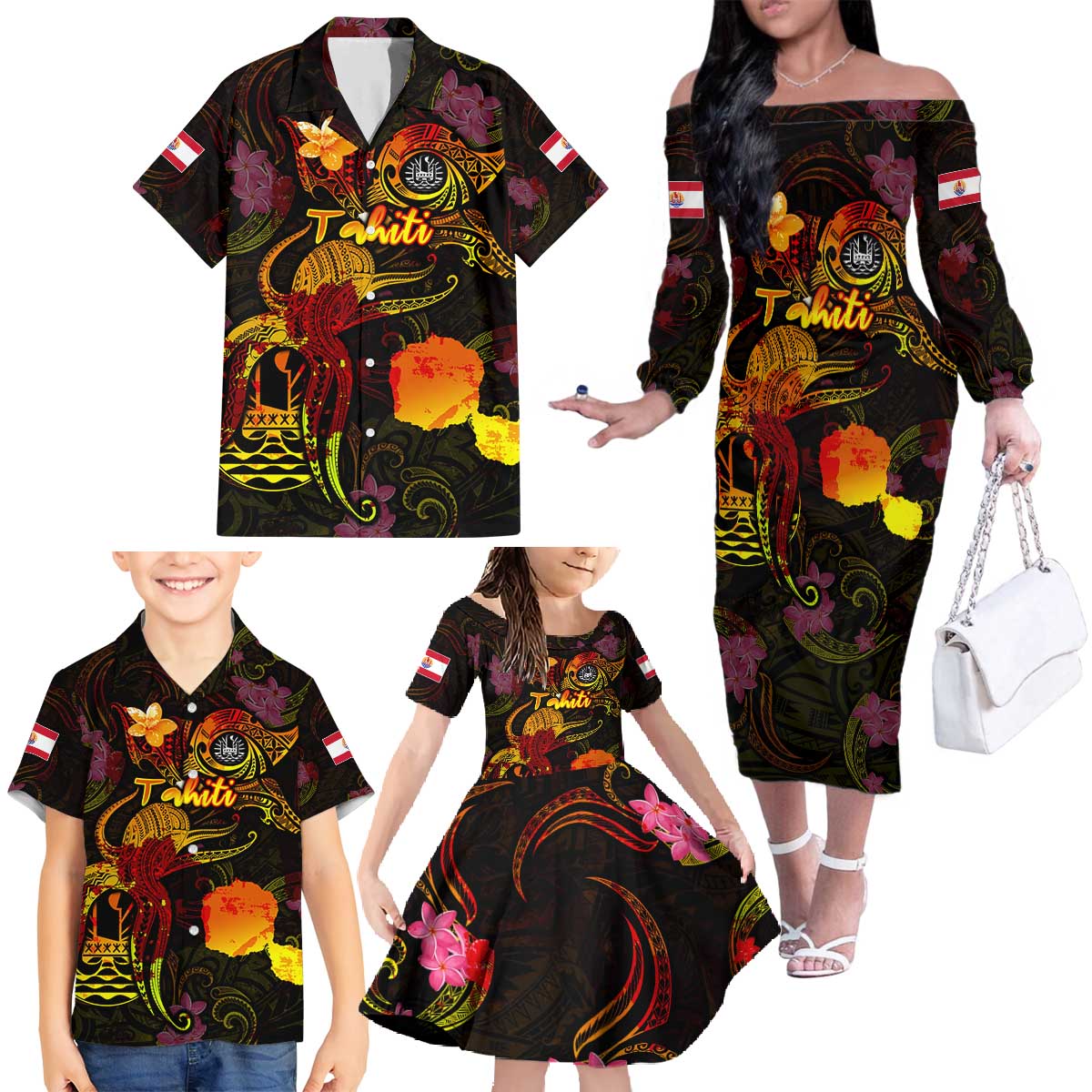 Tahiti French Polynesia Family Matching Off The Shoulder Long Sleeve Dress and Hawaiian Shirt Octopus Plumeria Polynesian Tattoo DT02 - Polynesian Pride